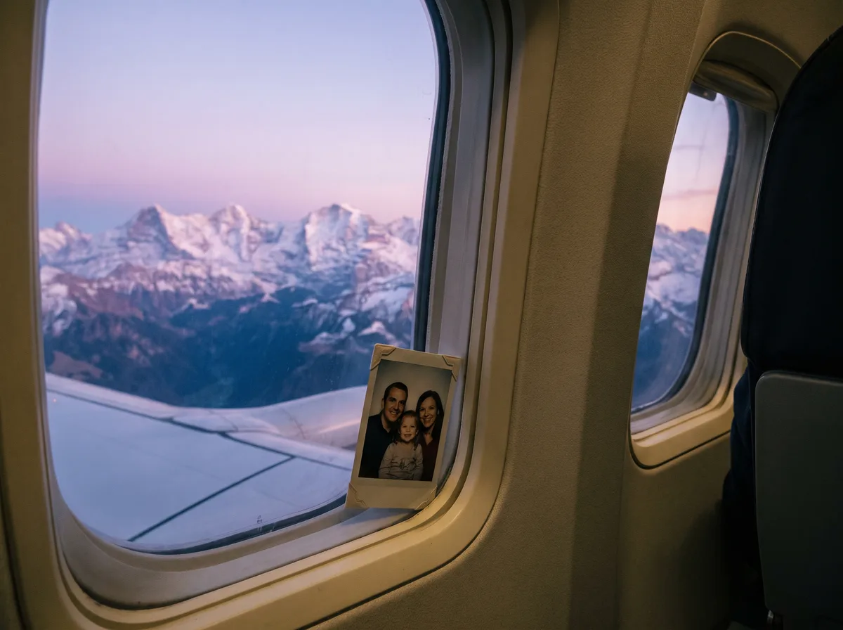 Airplane wing over the Alps at dusk